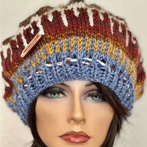 Hand Knits 2 Love Slouch Beanie Hat Cap Adjustable Fit Fair-isle Beads Designer